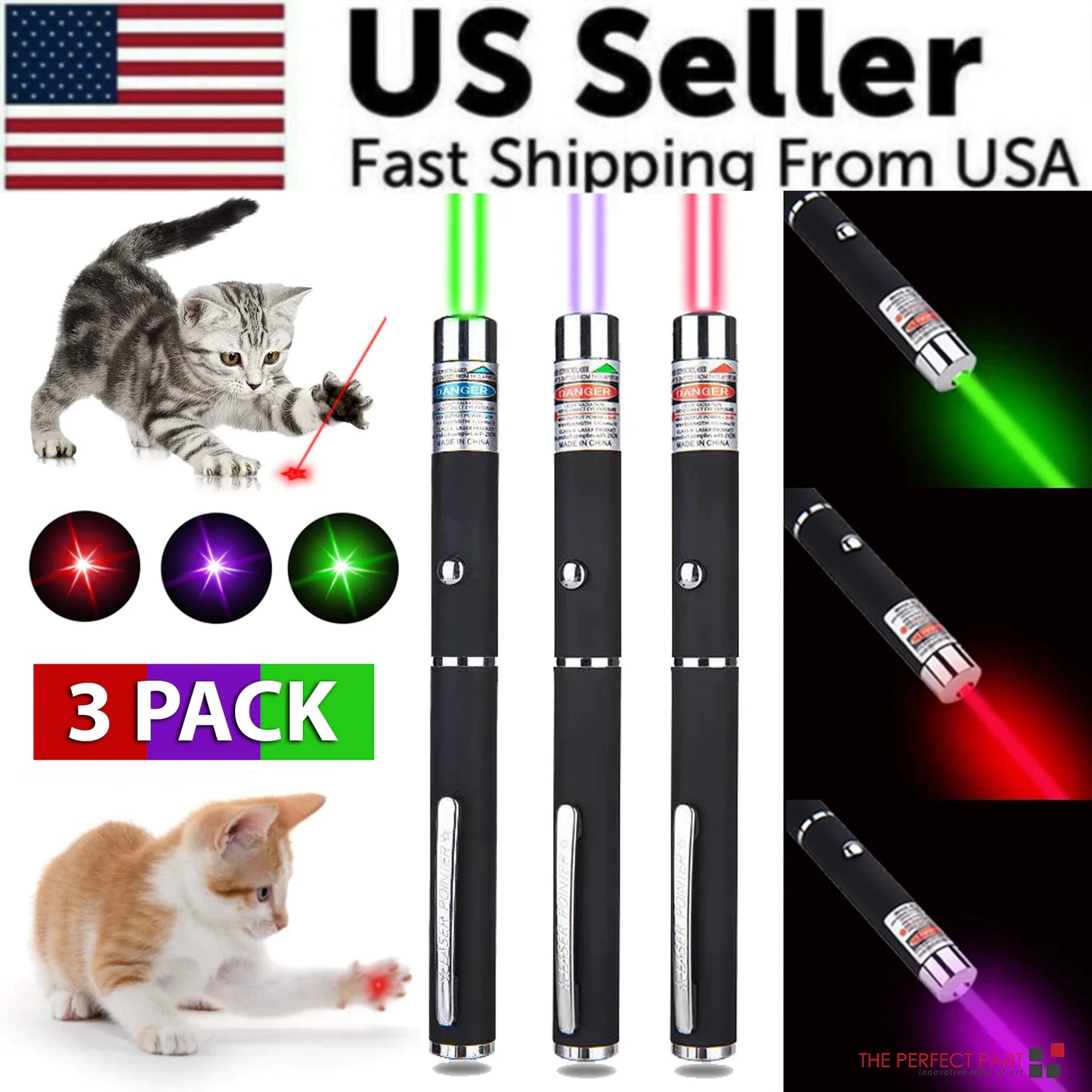 3 Packs 900Mile Laser Pointer Pen Green Blue Red Light Visible Beam Lazer